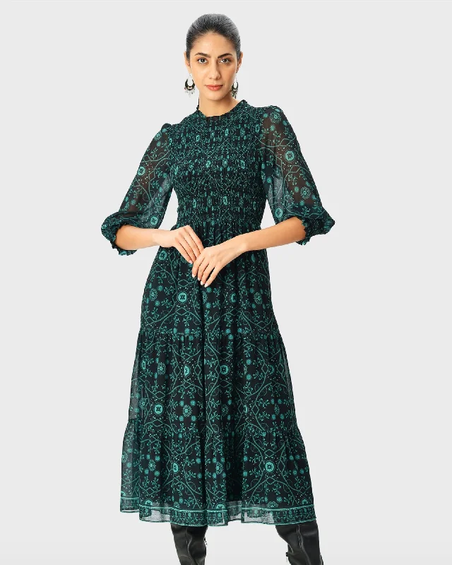 Floral medallion print georgette smocked dress | Black