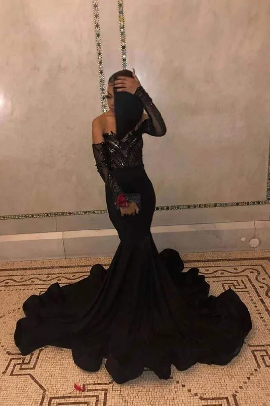 Black Long Sleeves Floor Length Mermaid Prom Dresses  C820