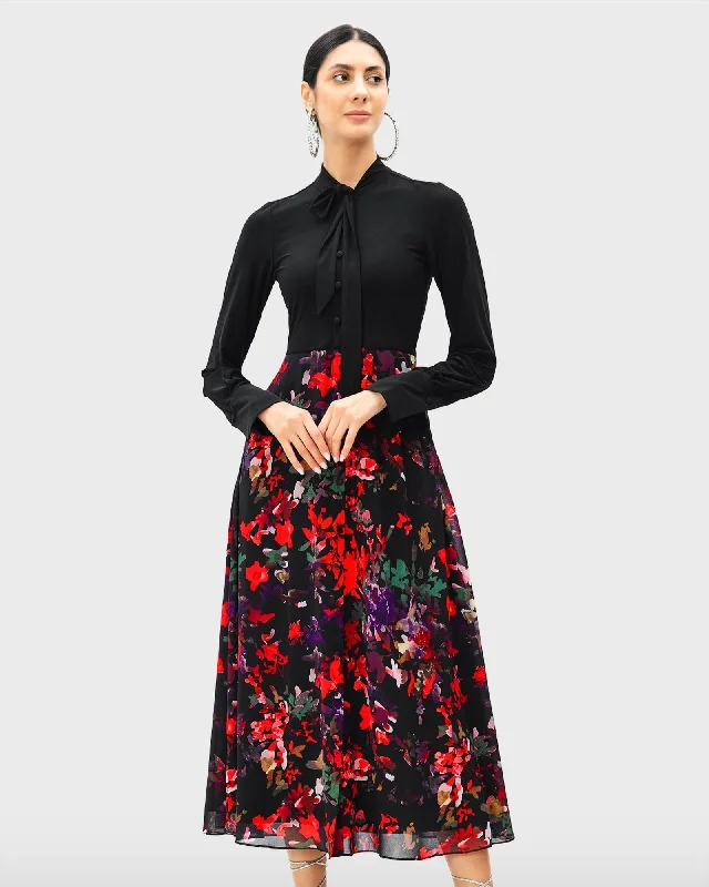 Jersey knit and floral print georgette dress | Black multi