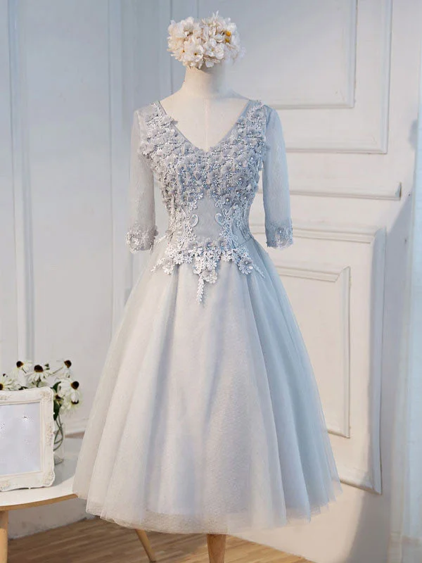 Gray Tulle Lace Formal Evening Dress with Sleeves DD1701