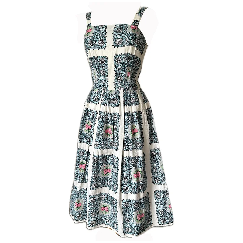 Vintage 1950s cotton summer dress with pink rose print panels