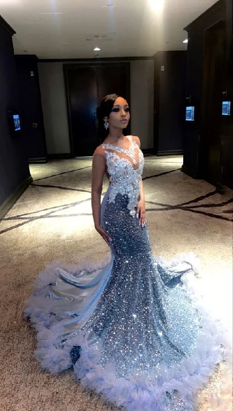 Gorgeous Blue Satin Sequins Mermaid Dress Formal Prom Dress With Appliques cc2310