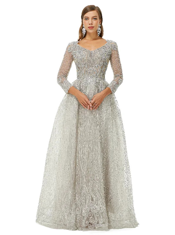 Silver Glitter Lace Maxi Ball Gown Formal Prom Gala Dress EN4514