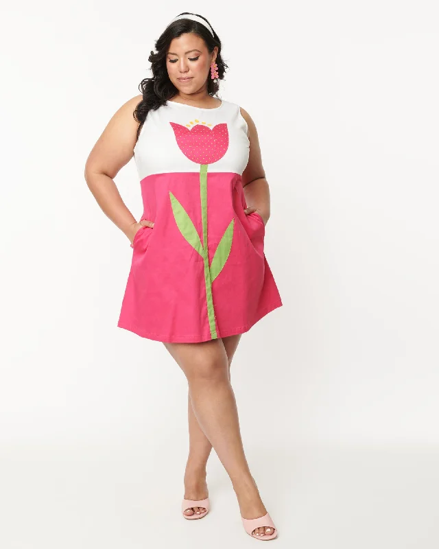 Smak Parlour Retro Style White & Pink Tulip Flower Power Shift Dress | White & Pink tulip