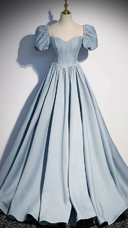 Light Blue Satin Long Prom Dress Short Sleeves Birthday Dress Princess Dress cc255