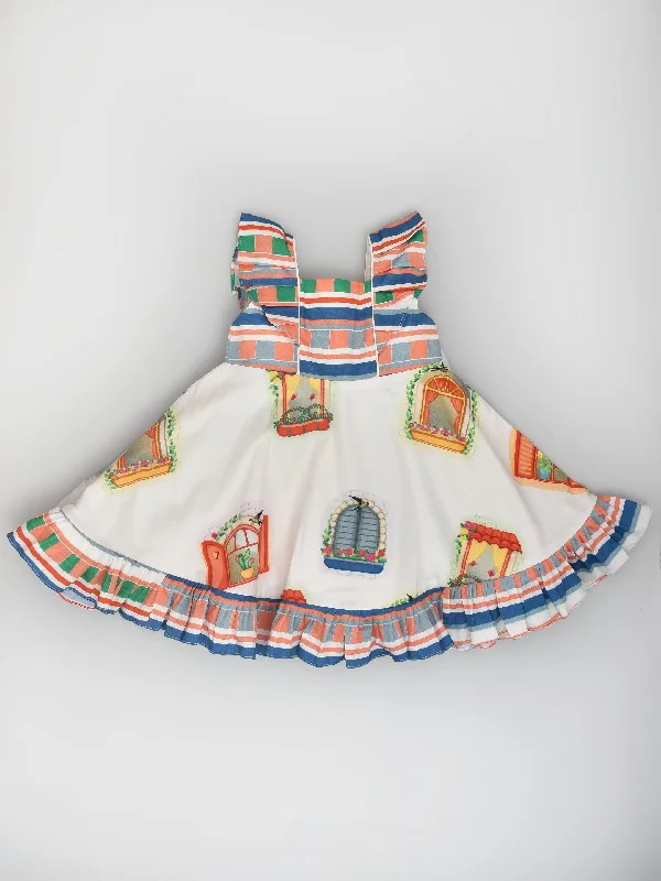 Window Print Dress with Frills