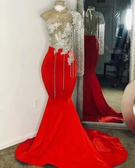 Tassel Prom Dresses, One Shoulder Prom Dresses, Mermaid Prom Dresses, Red Prom Dress  C1938