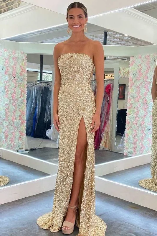 Gold Sequin Strapless Backless Mermaid Prom Dress c2811