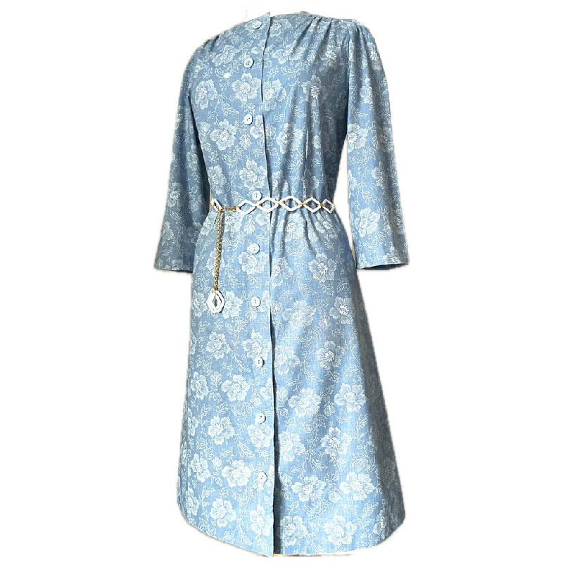 Denim blue floral cotton vintage 1970s button-through day dress
