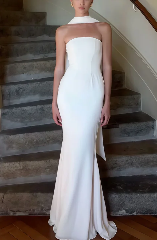 Classy White Mermaid Prom Dress, Strapless Prom Dress Wedding Gown cc2349