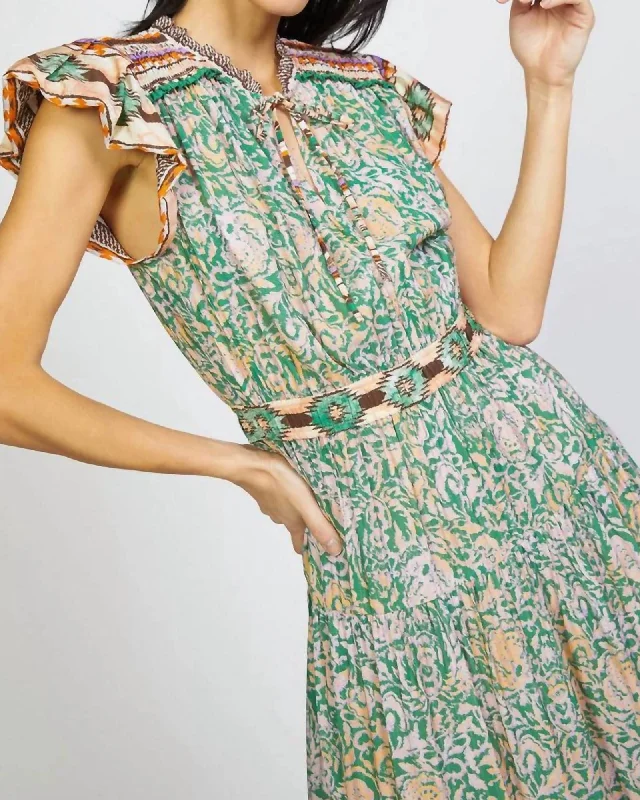 Border Print Tiered Dress in Green Lav | Green Lav