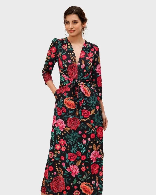 Tie waist floral print crepe dress | Black multi
