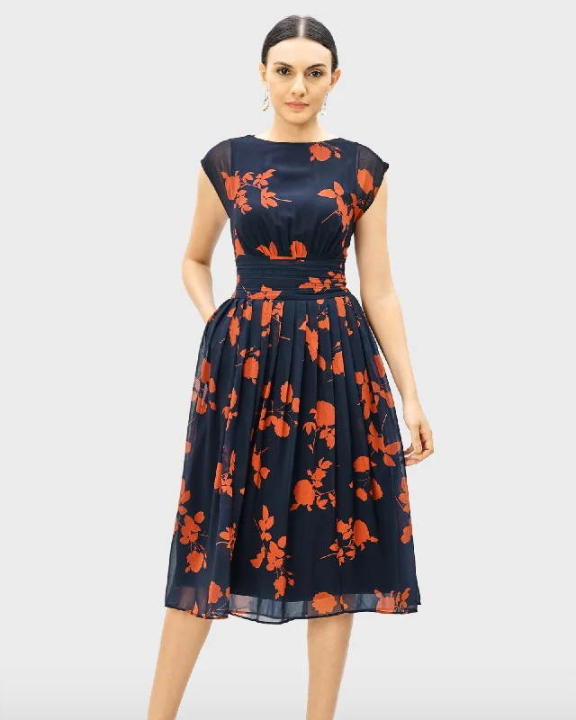 Floral Print Georgette Pleated Empire Dress | Navy