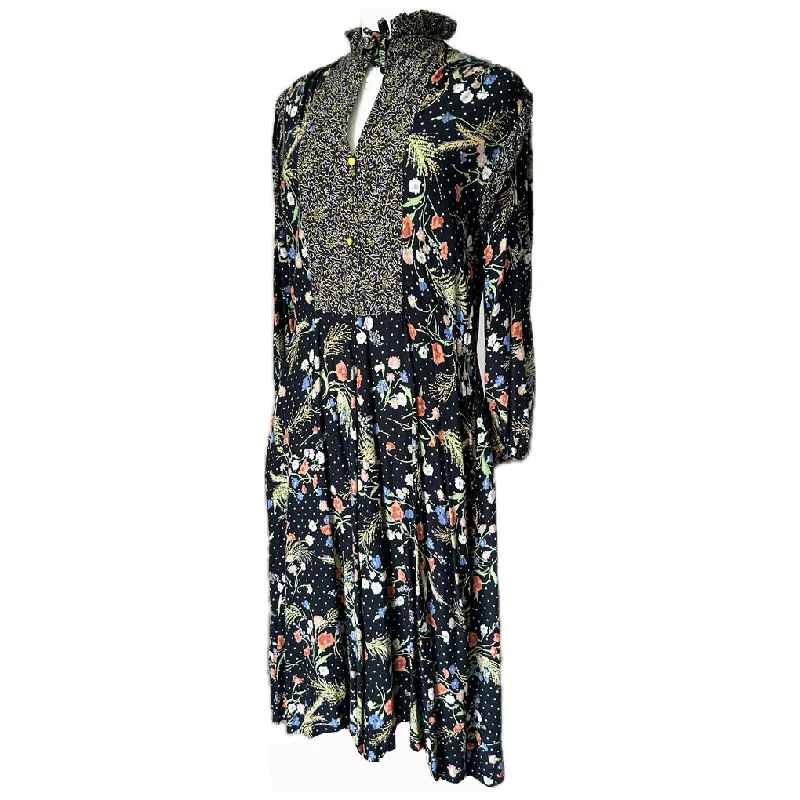 Black and floral vintage 1970s viscose hippy folk day dress