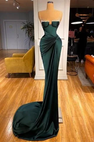 Gorgeous Dark Green Spaghetti-Straps Mermaid Prom Dress With Beadings  C2126