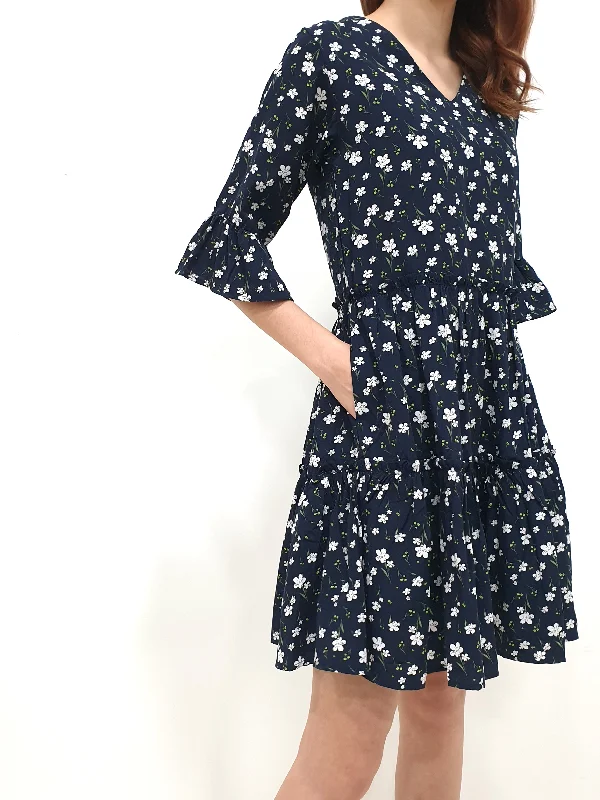 Flower Gathered Tier Dress - Navy