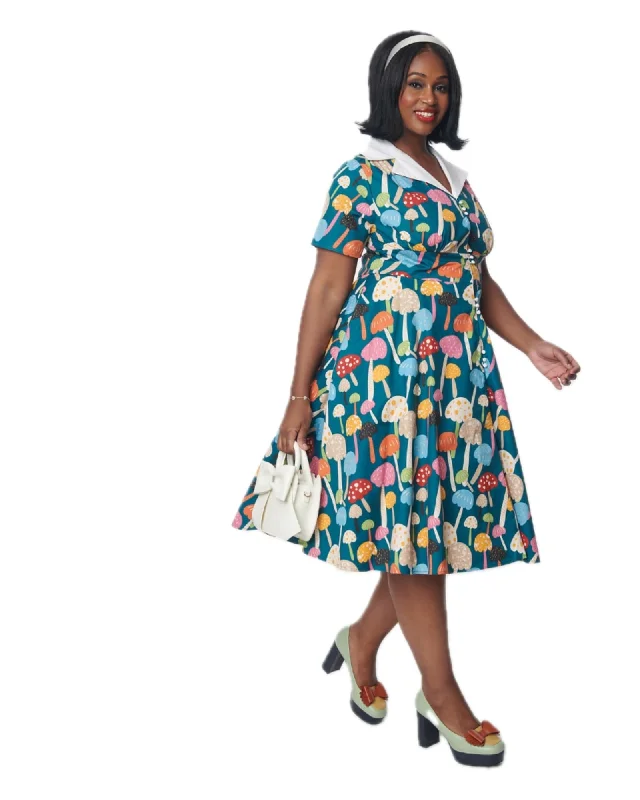 Unique Vintage Teal & Multicolor Mushroom Swing Dress | Teal & Rainbow mushroom