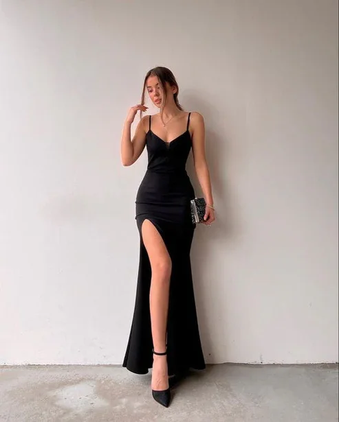 Spaghetti Straps Black Mermaid Prom Dress Chic Prom Dress With High Slit cc299