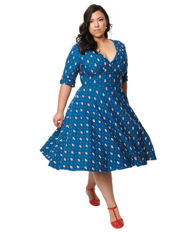 Unique Vintage Teal Mushroom Stamp Delores Swing Dress | Teal Mushroom Stamp