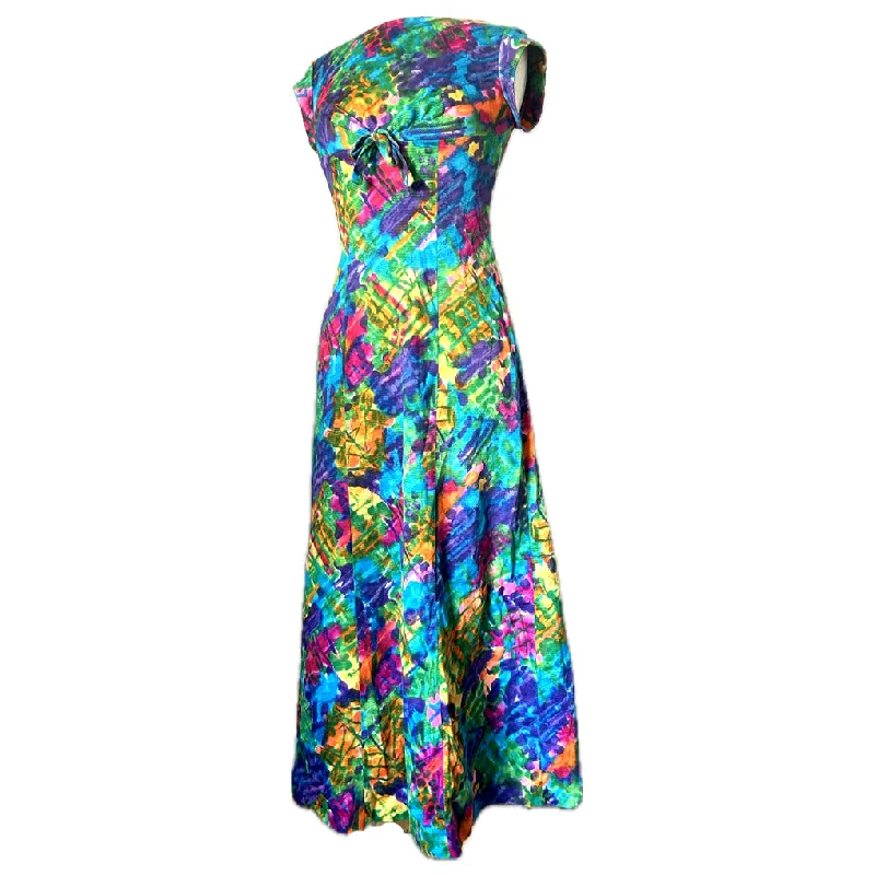 Abstract rainbow print vintage 1960s Hawaiian dress with train