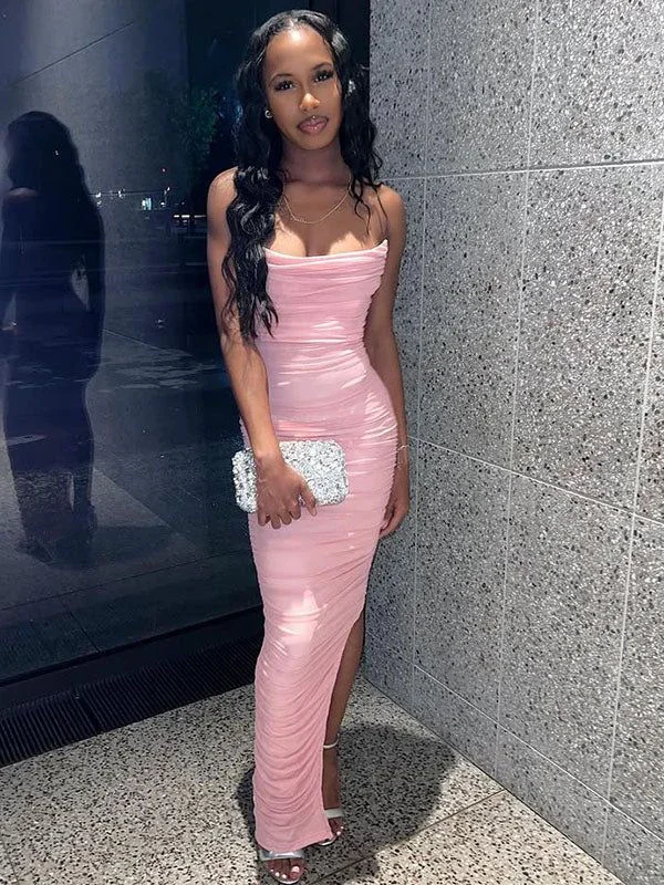 Strapless Pink Mermaid Side Slit Pleated Long Party Prom Dress cc2287