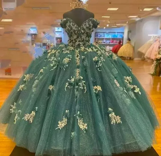 Dark Green Quinceanera Dresses Off the Shoulder Princess Pageant Ball Gown Flowers Beads Sweet 16 Floor Length Corset Back Birthday Party Wear c3458