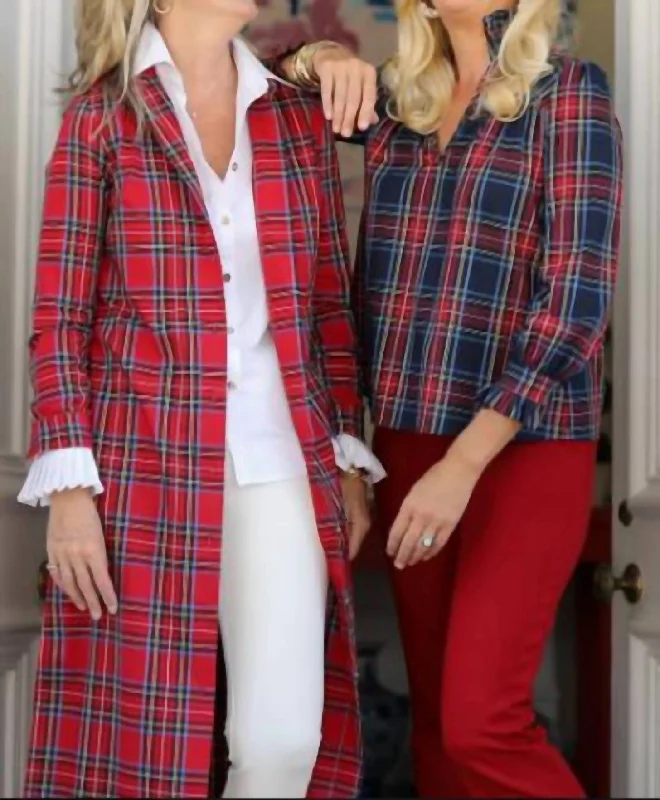Aspen Blouse In Navy Plaid Off-Shoulder Wrap Blouse
