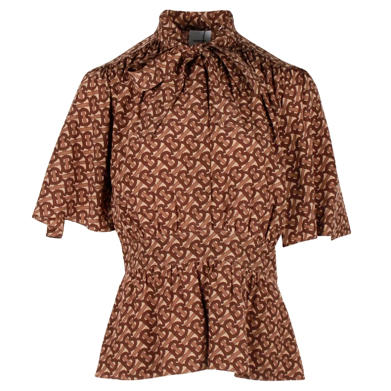 Burberry Monogram-Print Blouse in Brown Silk Floral Print Blouse