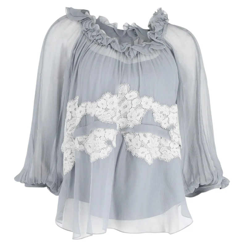 Chloé Lace-Trimmed Ruffled-Neck Blouse in Light Blue Silk Boho Chic Blouse