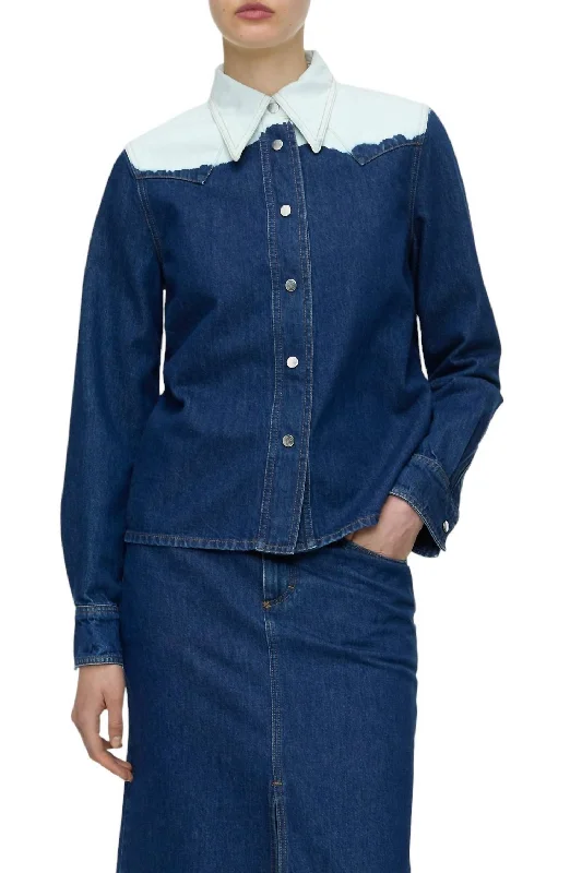 Denim Blouse In Mid Blue Oversized Silk Blouse