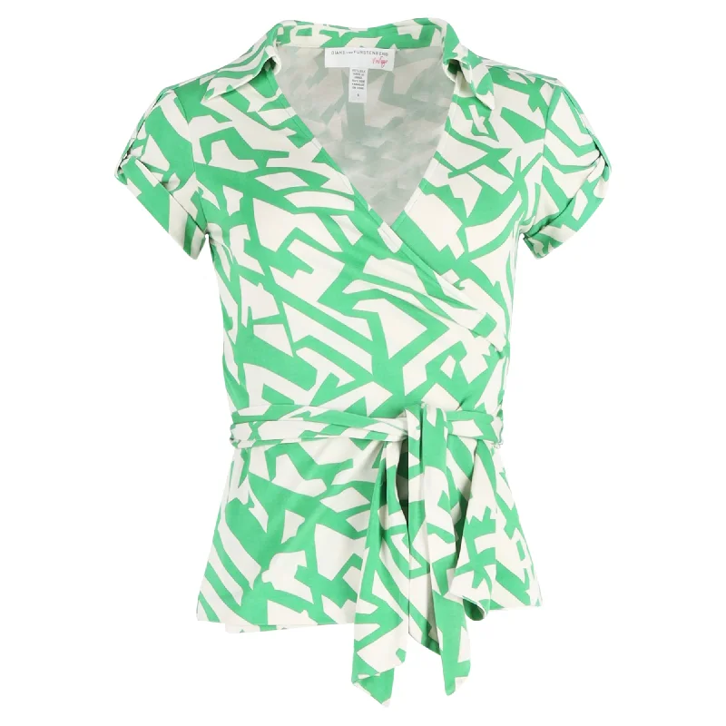 Diane von Furstenberg Printed Wrap Blouse in Green Silk Gathered Detail Blouse