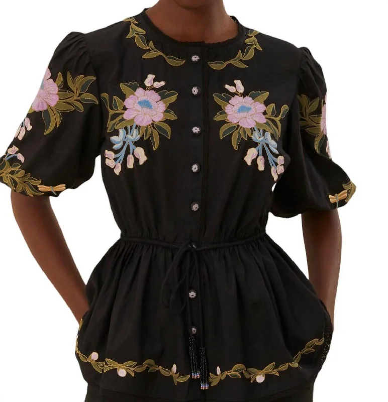 Embroidered Short Sleeve Blouse In Winter Garden Feminine Pastel Blouse