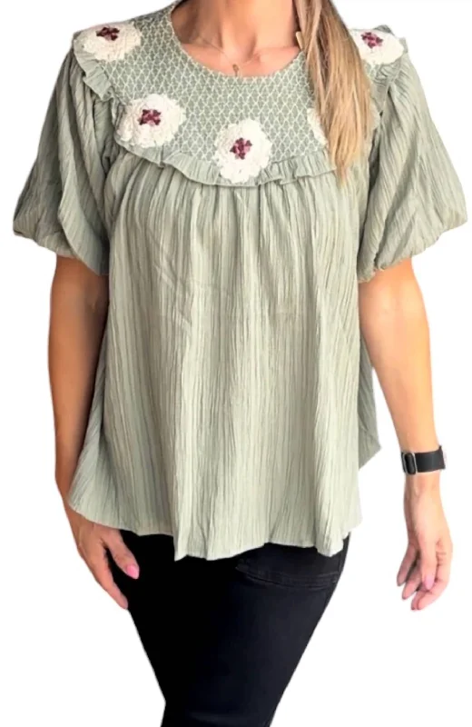 Floral Detail Smocked Blouse In Sage Sheer Sleeve Blouse