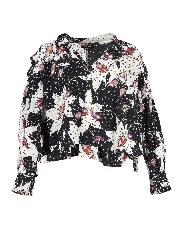 Isabel Marant Ricky Ruffled Printed Crepe De Chine Blouse In Multicolor Silk Backless Summer Blouse Isabel Marant Ricky Ruffled Printed Crepe De Chine Blouse In Multicolor Silk Backless Summer Blouse
