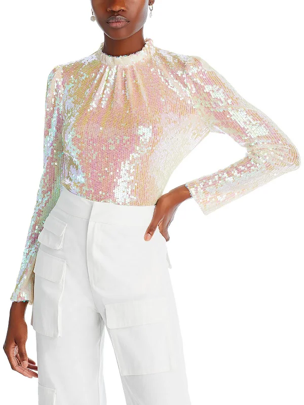 Mira Womens Sequin Sequined Blouse Satin Bow Blouse