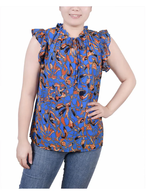 Petites Womens Ruffled Tie Neck Blouse Casual Button Blouse