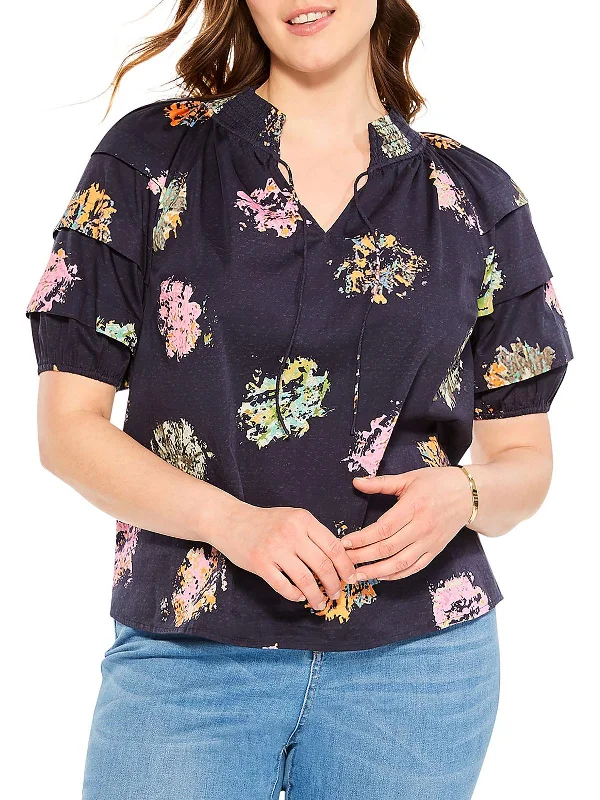 Plus Bright Spot Womens Woven Floral Blouse Classic Minimalist Blouse