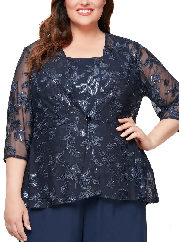 Plus Womens 2PC Sequined Blouse Silky Draped Blouse