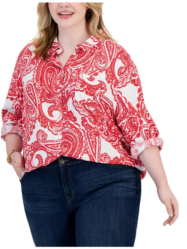 Plus Womens Button down Cuff Sleeves Blouse Double-Layered Blouse