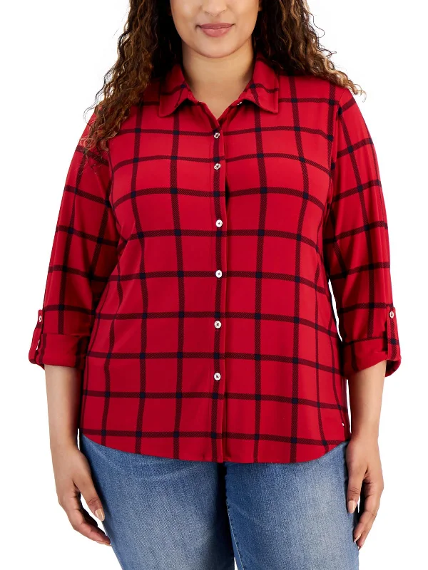Plus Womens Plaid Work Wear Blouse Elegant Embroidery Blouse
