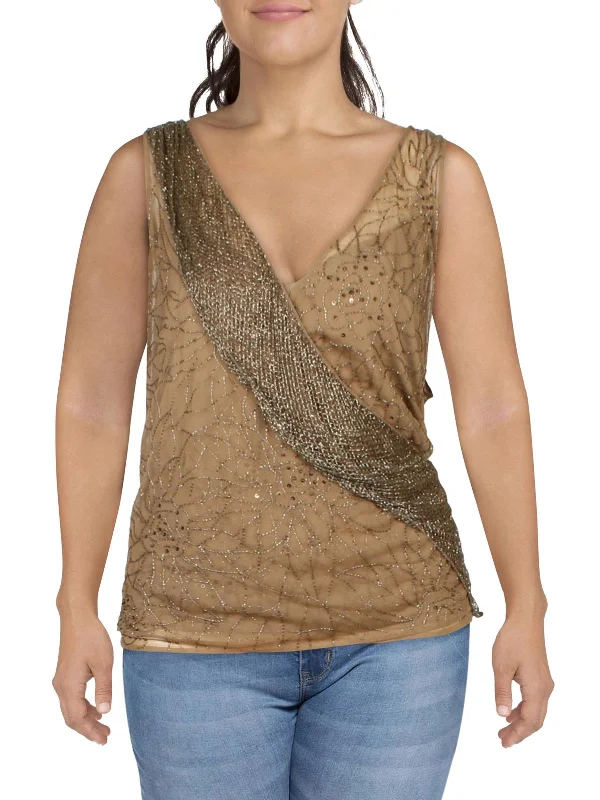 Plus Womens Sleeveless Embellished Blouse Silky Draped Blouse