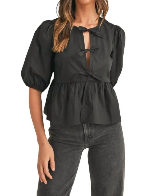 Poplin Front Tie Blouse In Black Feminine Satin Blouse