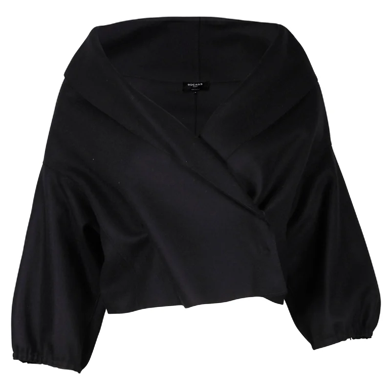 Rochas Wrap Cropped Blouse in Black Virgin Wool Playful Puff Blouse