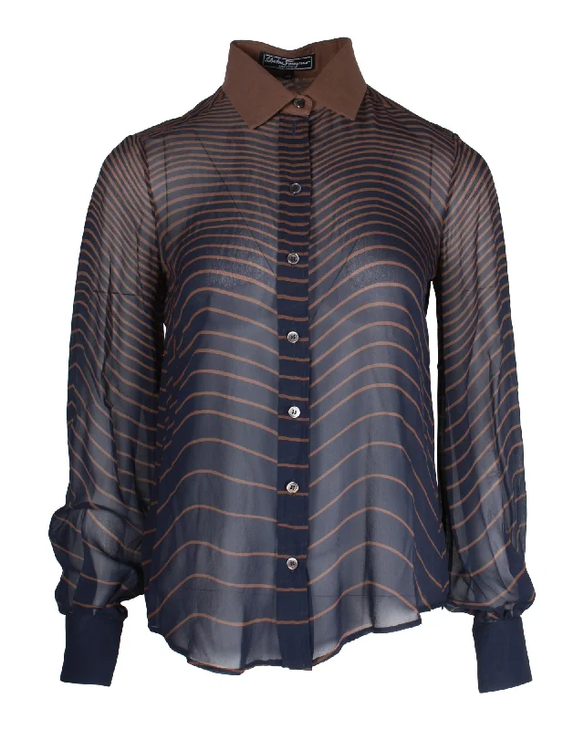 Salvatore Ferragamo Striped Buttoned Blouse in Brown and Blue Silk Textured Cotton Blouse Salvatore Ferragamo Striped Buttoned Blouse in Brown and Blue Silk Textured Cotton Blouse