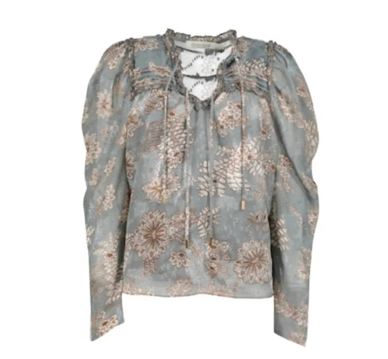 Sydney Blouse With Brown Floral Print In Blue/gray Silky Draped Blouse