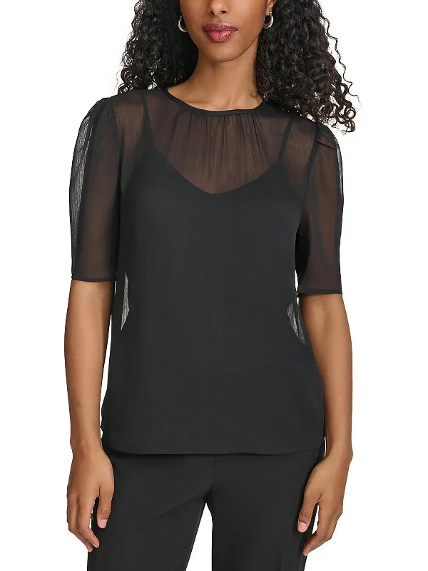 Womens Chiffon Puff Sleeve Blouse Frilled Cuff Blouse