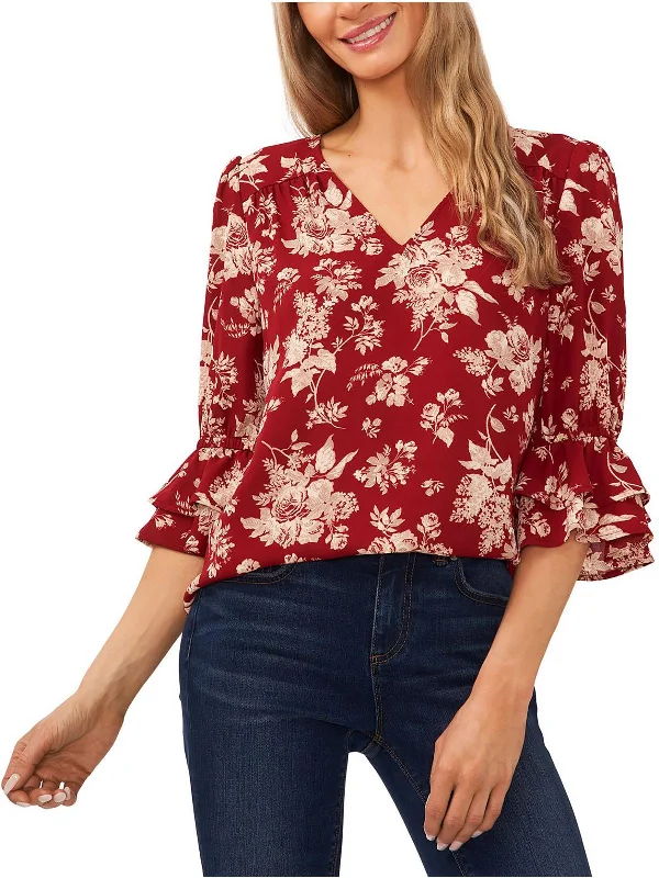 Womens Floral Print Office Wear Blouse Silky Draped Blouse