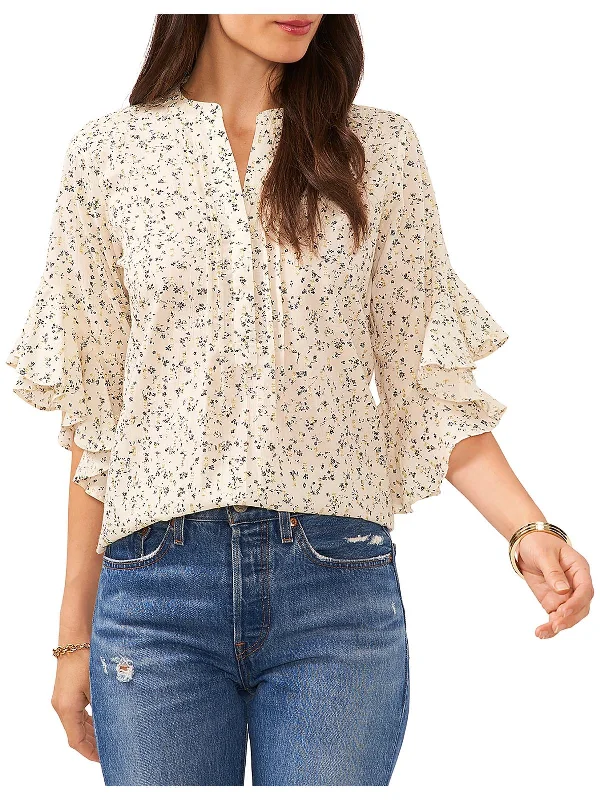 Womens Floral Print Pintuck Blouse Elegant Lace Blouse