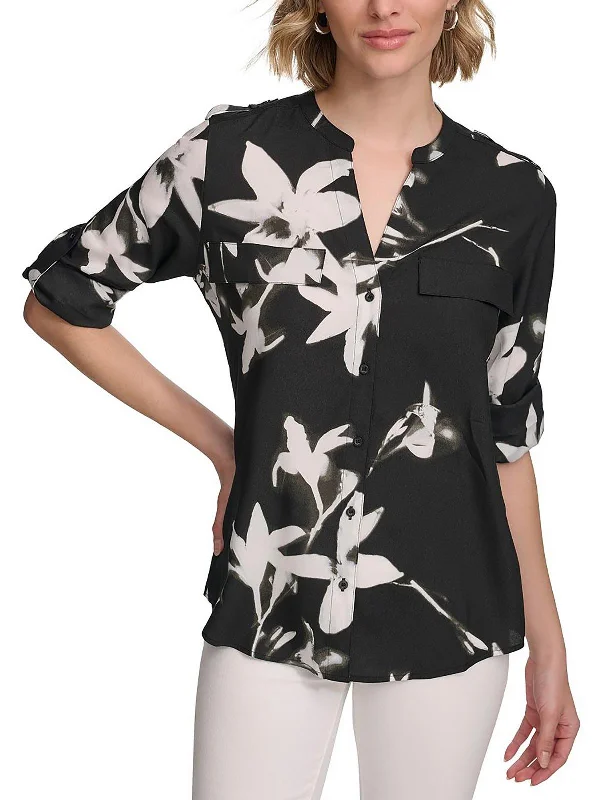 Womens Printed Long Sleeves Blouse Silky Tunic Blouse