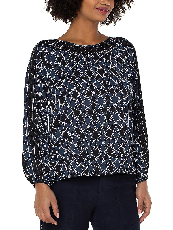Womens Shirred Printed Blouse Balloon Sleeve Blouse